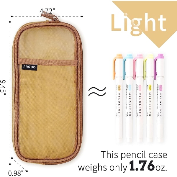 Rutnät Mesh Dragkedja Pennfodral Transparent Makeup Färgväska Kosmetika Väska Multifunktionell Resa Skola Tonåringar Transparent Stationär Väska Khaki