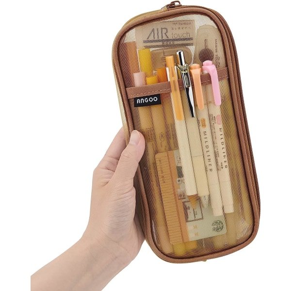 Rutnät Mesh Dragkedja Pennfodral Transparent Makeup Färgväska Kosmetika Väska Multifunktionell Resa Skola Tonåringar Transparent Stationär Väska Khaki
