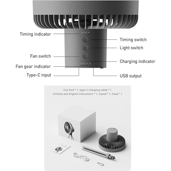 Teltventilator med stativ, bordventilator med lys, 18 x 18 cm, 560 g, 10.000 mAh, driftstid 27 timer (grå) Grey