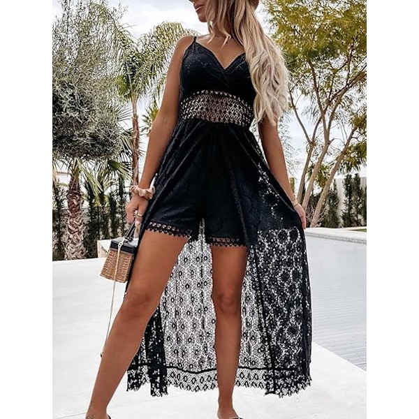 Sommer Dame Slip Rynket Smock Jumpsuit Kjole V-hals Spaghetti Stropper Rygløs Maxi Høj Lav