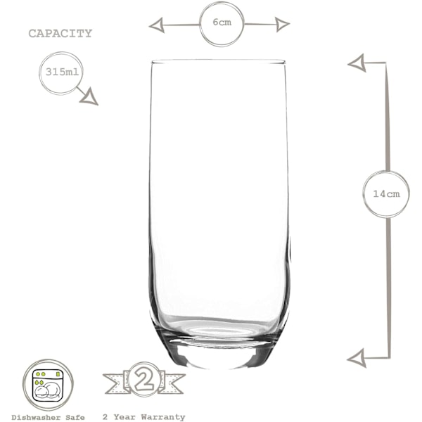 Highball Tumbler Dricksglas Set. Paket med 6 Vatten Juice Bordsglas, 315ml