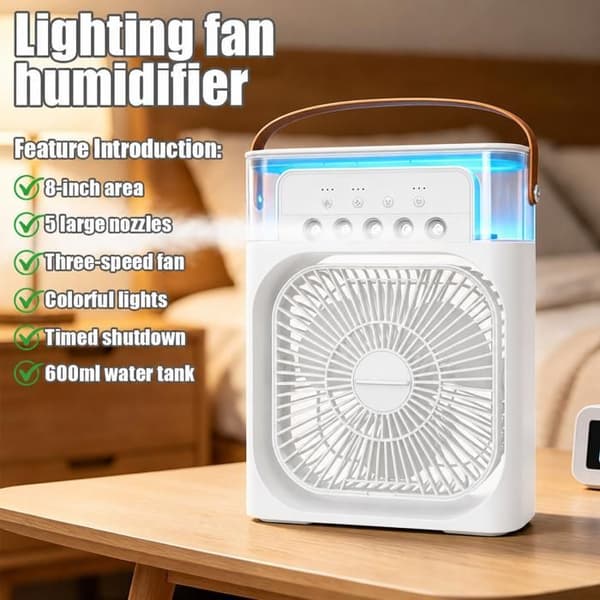 Bærbar Mini Fordampende Luftkjøler med Vanndiffusor, 3 Hastigheter, Timer, 7 LED-lys - Hvit