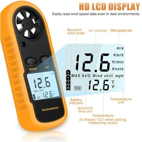 Bærbart Anemometer, Højpræcisions Digitalt Anemometer (±5%) med LCD-baggrundsbelysning, Bærbart Anemometer til Udendørs Brug, HAVC, Droner
