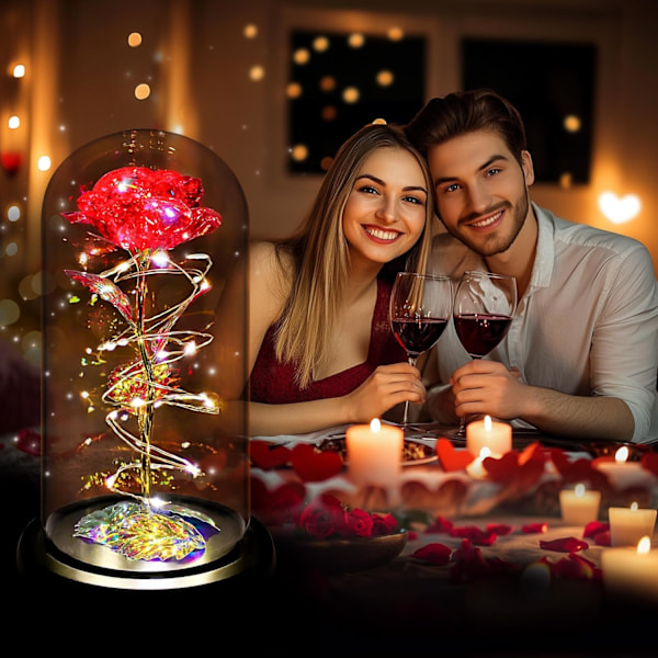 Mors Dags Blomstergaver til Mor Fødselsdagsgaver til Kvinder, Mor Gaver til Mor Kone Kæreste Bedstemor, Farverig Regnbue Lysende Rose i en Glaskuppel Red