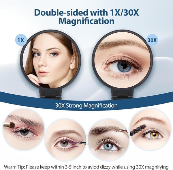 Dobbeltsidet makeup-spejl (1X/30X), foldbart og bærbart, praktisk til præcis makeup-påføring når som helst, hvor som helst - mat sort