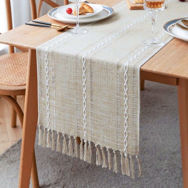 Bordslöpare i bomull med handgjorda tofsar, bordsamling, picknickfest, köksbröllopsbordsdekoration (Design 2, 183x33 cm)