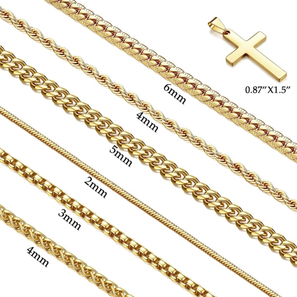 7 st Herr rostfritt stål 18K guldpläterad kedja halsband Set för män pojkar, 6 kedjor och 1 korshänge Gold 50cm
