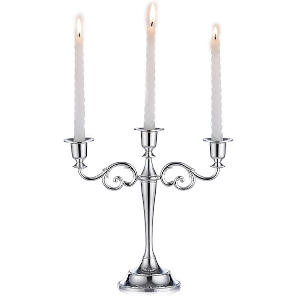Hopeanvärinen metallinen kynttilänjalka, 3-haarainen, 27 cm korkea, hääjuhlien kynttilänjalka, kynttilänpidike Silver