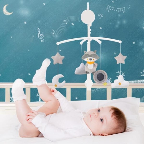 Musikalsk uro til babyseng, 360° roterende lekeholder til babyseng, nyfødt senge-rangle (Vaskebjørn)