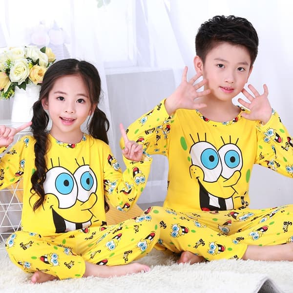 Tecknade pyjamas set barn flicka pojke lång pyjamas sovkläder nattkläder Svampbob 7-8 år Svampbob 7-8 år