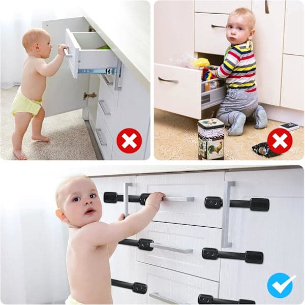 (Svart) 8-pack barnsäkra skåplås, justerbara barnsäkra skåplås