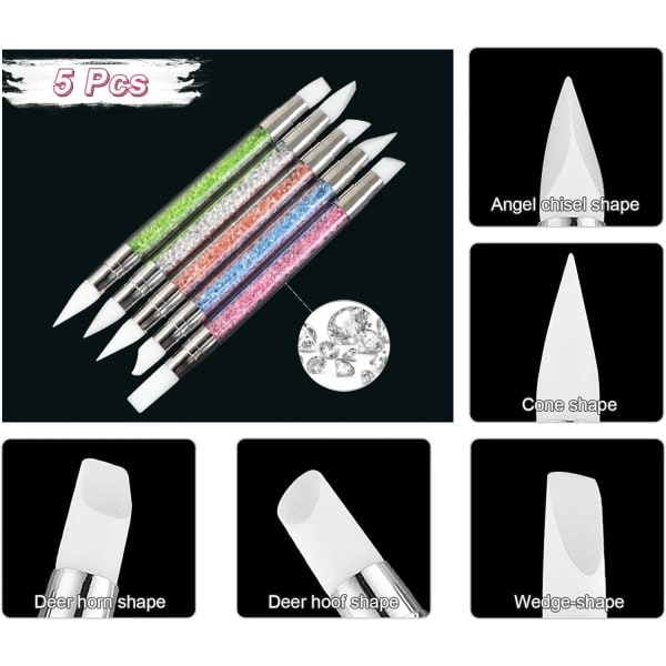 5 st silikon nagelborstar, gelskulpturborste, silikonmodelleringspenselset, dubbelhuvud DIY manikyrverktyg