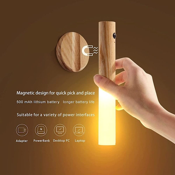 Magnetisk nattlampa sladdlös rörelsesensor uppladdningsbar väggmonterad ficklampa för sovrum hall trappor (vit askträ 1 st)