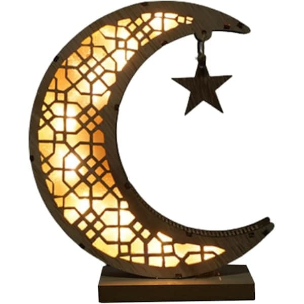 3D Ramadan-lampe i tre, håndlaget Måne Stjerne LED-lysdekorasjon, Ramadan Mubarak Lampepynt, Eid-pynt Gave -DQ