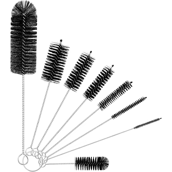 Lite Flaskebørstesett, 8 stk. Nylon Strårenser Pipebørster for Vask av Vannflasker med Smal Hals, Krukker, Tekanne-tut Black