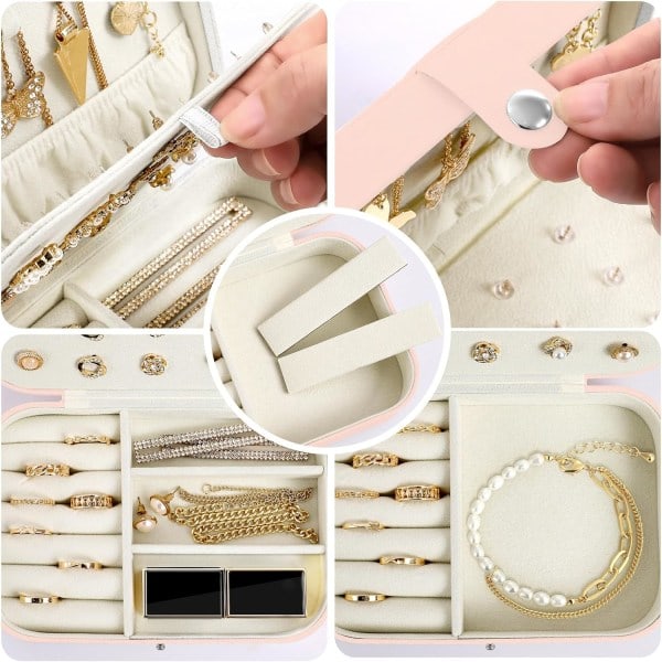 Smykkeskrin Lille Rejse Smykke Organizer Etui til Halskæde Ringe Armbånd Øreringe Premium Kunstlæder Smykke Gaveæske Piger Kvinder Pink