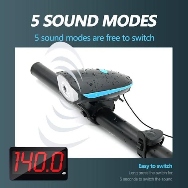 USB Laddningsbar Cykellampa - Svart - För Att Synas - IP44 Vattentät - 120 dB Signalhorn