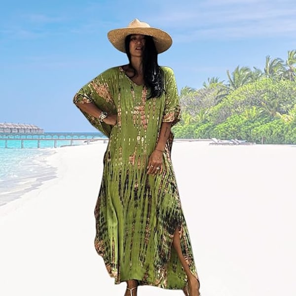 Kaftanklänning för kvinnor, lös lång kaftan i one size, kortärmad tunika kimono, vardagsbadkläder, strandbaddräkt, överdragskläder, loungewear-rockar