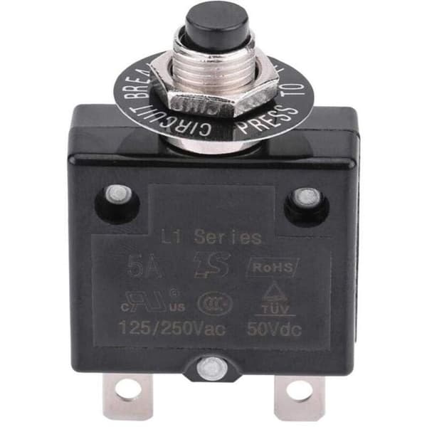 Nulstillelig trykknap termisk afbryder 125-250V AC / 50V DC – 18 A, sort
