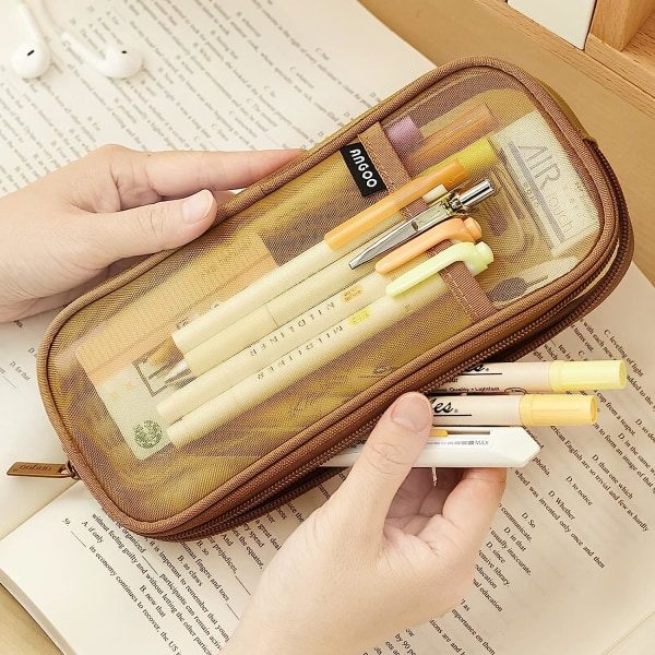 Rutnät Mesh Dragkedja Pennfodral Transparent Makeup Färgväska Kosmetika Väska Multifunktionell Resa Skola Tonåringar Transparent Stationär Väska Khaki