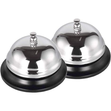 Set med 2 bordsklockor, diskklockor, silver, för kök, reception, hotell, restaurang, mått 85 x 65 mm