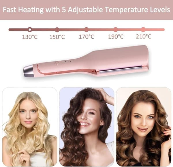 Elektrisk keramisk krølltang 32 mm – 5 temperaturinnstillinger, rask oppvarming, rosa