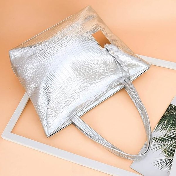 Naisten ja tyttöjen olkalaukut ja -kassit, muodikas suuri shopper-kassi, yksivärinen opettajan käsilaukku Silver