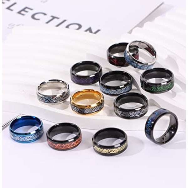 12 st 8mm rostfritt stål ring för män kvinnor keltisk drake fasade kanter keltiska svarta ringar hårdmetall bröllopsringar set 15.7mm