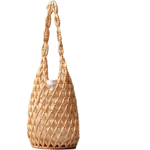 Retro Træ Skuldertaske Kvinder Vævet Perlebesat Håndtaske Udhulet Tote Taske Casual Strand Bucket Taske Khaki