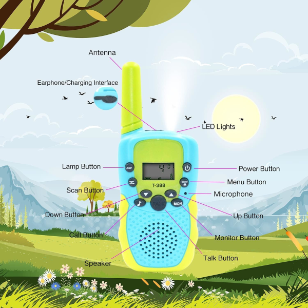 2-pack barnvänliga batteridrivna walkie-talkies med 22 kanaler, 2-vägsradio med 3 km räckvidd, leksak för 3-12 år gamla pojkar och flickor med bakgrundsbelyst LCD-blixt
