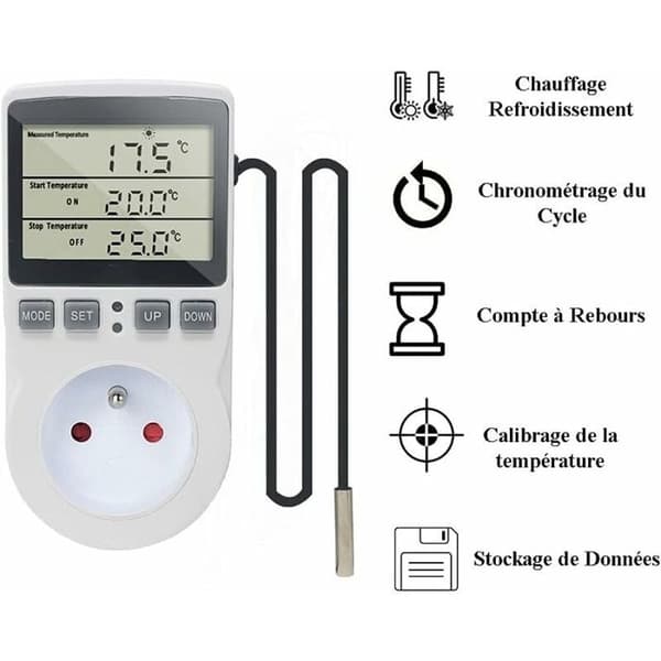 Digital termostatstik 230V 16A med 1,7 m probe – -40°C til 120°C, opvarmning/køling, timer