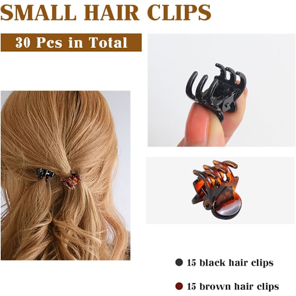 30 stk. Mini hårklyper, Små hårklyper, Mini klo-hårklyper, Små hårklyper for kvinner med oppbevaringsposer Svart og Brun