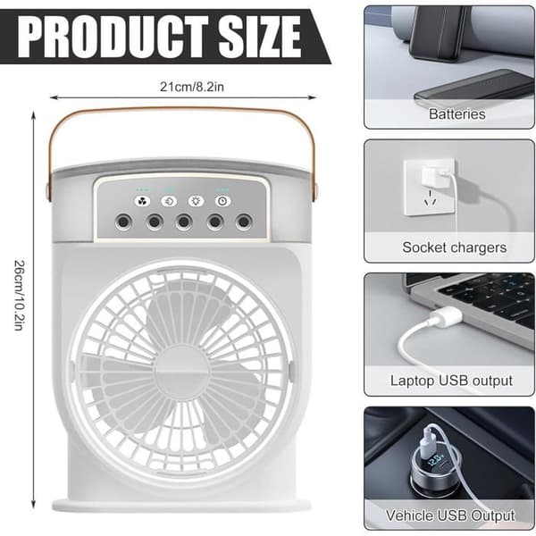 Mini Airconditioningsventilator, Bærbar Luftkøler - 3-i-1 Fordampningskøler med 7 LED'er (Sort, USB)