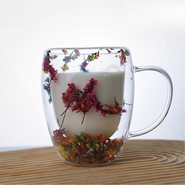 Torkade Blommor Dubbelväggig Klar Glas Kaffemugg 250/350ml Isolerad Glas Kopp för Varma Kalla Drycker Cappuccino Latte Espresso Kopp Unik Gåva för Kvinnor 250ml