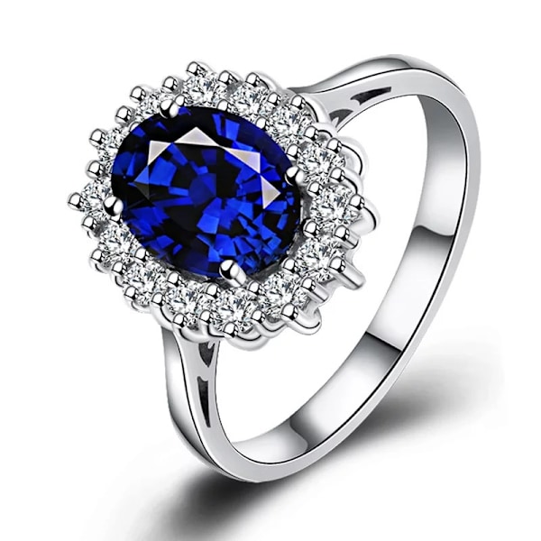 Palads Prinsesse Diana Kate Middleton Klasse Ædelsten Fødselssten Safir Halo Forlovelsesringe til Kvinder Blue