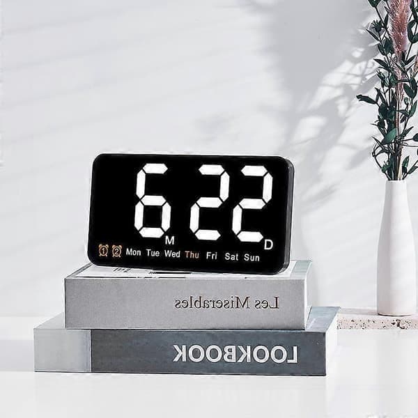 Väggklocka Stor Skärm Vardagsrum Röststyrning Digital Klocka Snooze Temperatur Datumvisning USB 12/24H Bords LED-klocka vit white