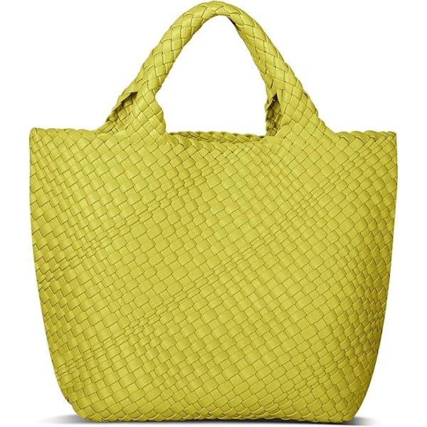 Vegansk Læder Vævet Tote Taske til Kvinder, Mode Håndlavet Strandtaske med Top Håndtag Chartreuse