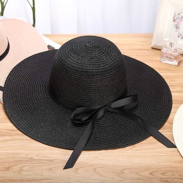 Damhatt i halm, sommarhatt med rosett, strandhatt med UV-skydd UPF50+, bred brätte, vikbar solhatt för damer och herrar, strandaccessoarer för semester