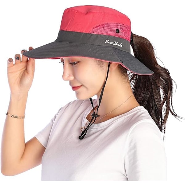 Sommerhat til kvinder med bred skygge, mesh-kasket, udendørs fiskehatte, UV-beskyttelse, strandhat til kvinder Rojo Claro