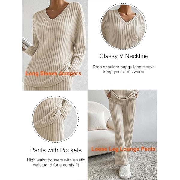 Dam Pyjamas Set Nattkläder, Ribbade 2-delade Set för Damer Loungewear Set Fritidsdräkter Hemmakläder V-ringad Långärmad Tröja