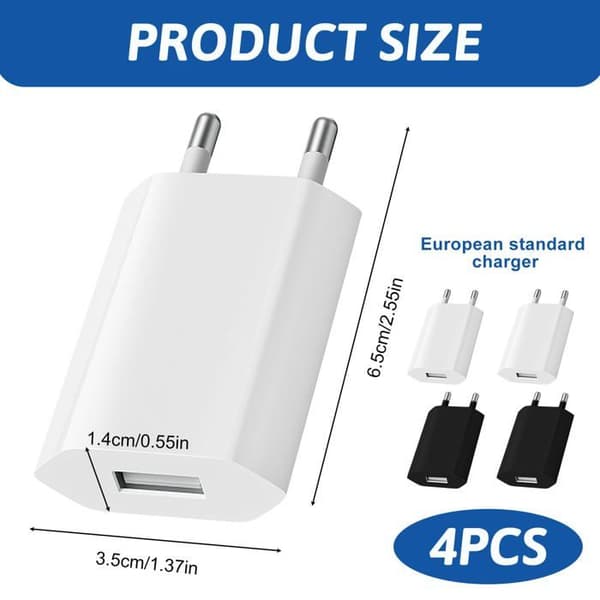 Sett med 4 USB-ladere, 5V 1A USB-plugg, 5V 1A plugghode, universell veggadapter for hurtiglading