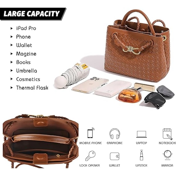 Vävd damväska, Vävd väska med handtag, Vävd axelväska, Crossbody-väska Marrón