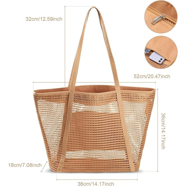Stor Mesh Strandtaske med Indvendig Lynlåslomme, Foldbar Indkøbstaske, Strand Mesh Tote, Skuldertaske til Kvinder