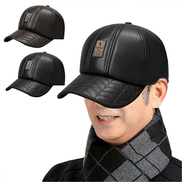 Höst Vinter Skärmmössa Faux Läder Vindtät Förtjockad Plysch Enfärgad Kupol Mjuk Varm Lång Skärm Halkfri Medelålders Herr Baseballkeps Coffee