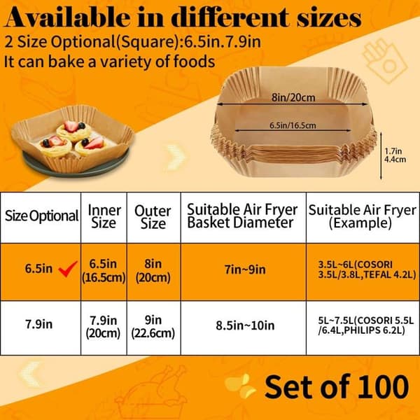 Förpackning med 100 engångsfritösfoder i papper, olje- och vattenbeständiga, bakplåtspapper (6,3 tum fyrkantig)