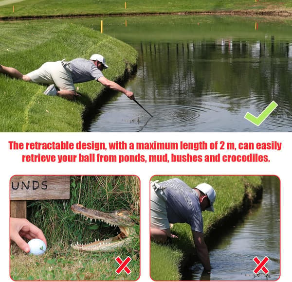 Golfboldopsamler Teleskopisk 2,1 m Rustfrit Stål Golfboldopsamler med Autolåsfunktion og Puttergreb Golfbold
