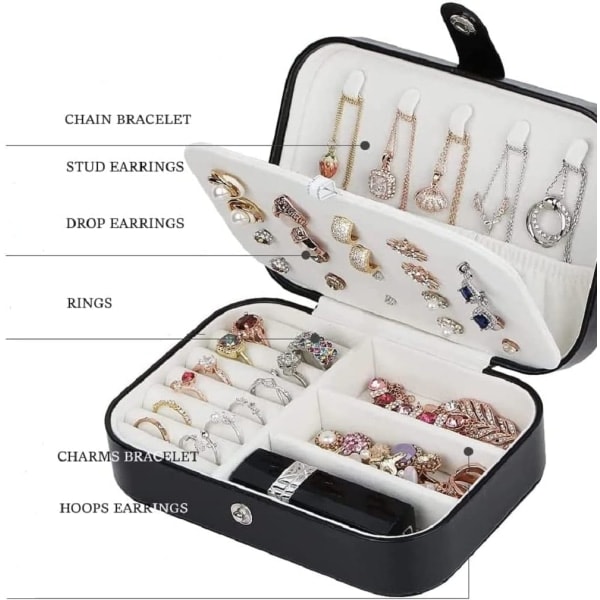 Smykkeskrin Lille Rejse Smykke Organizer Etui til Halskæde Ringe Armbånd Øreringe Premium Kunst PU Læder Smykke Gaveæske Piger Kvinder Black
