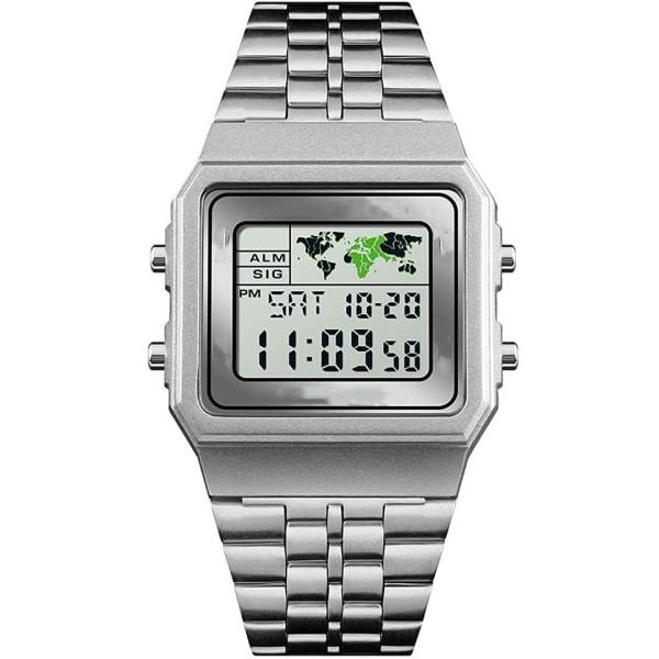 Digital klocka för män Stoppur Band Alarm Världstid Datum Vecka Metall Armband Utomhus Business Klocka