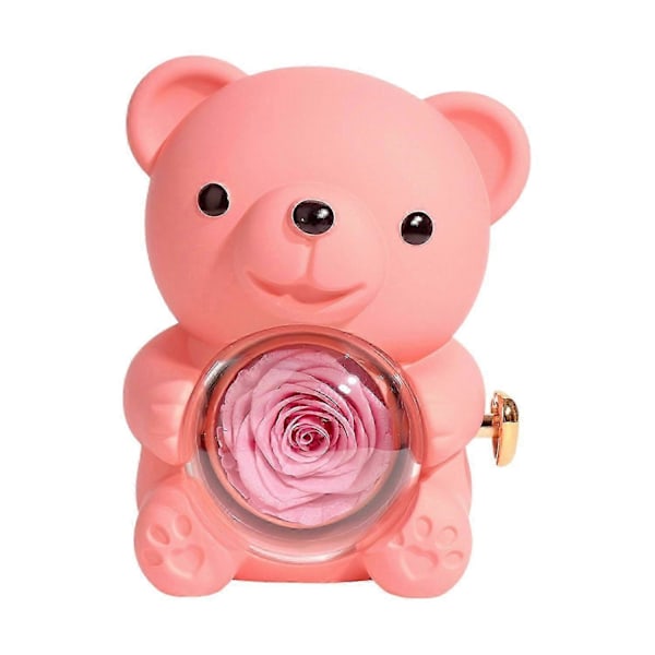 Konserverad Ros Nallebjörn Gåva med Hjärthalsband Roterbar Evig Blomma Björn Presentförpackning Fru Mamma Pink