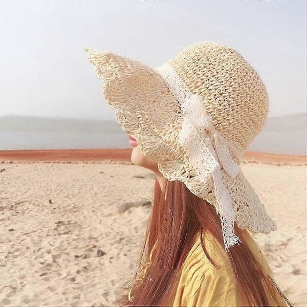 Dame solhat, beige, UV-beskyttelse, foldbar, bredskygget strandhat